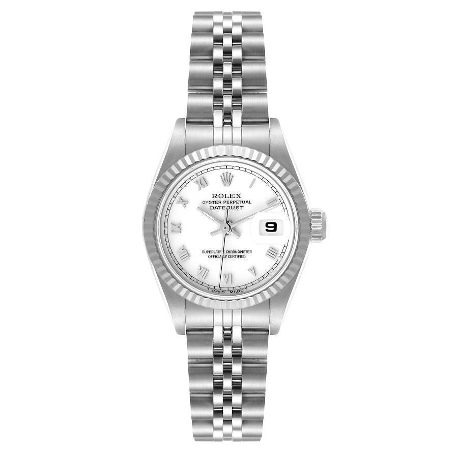 Montre Rolex Datejust acier, or blanc, cadran blanc, pour femmes 69174. Mouvement automatique à remontage automatique, officiellement certifié chronomètre. Boîtier oyster en acier inoxydable de 26 mm de diamètre. Logo Rolex sur la couronne. Lunette