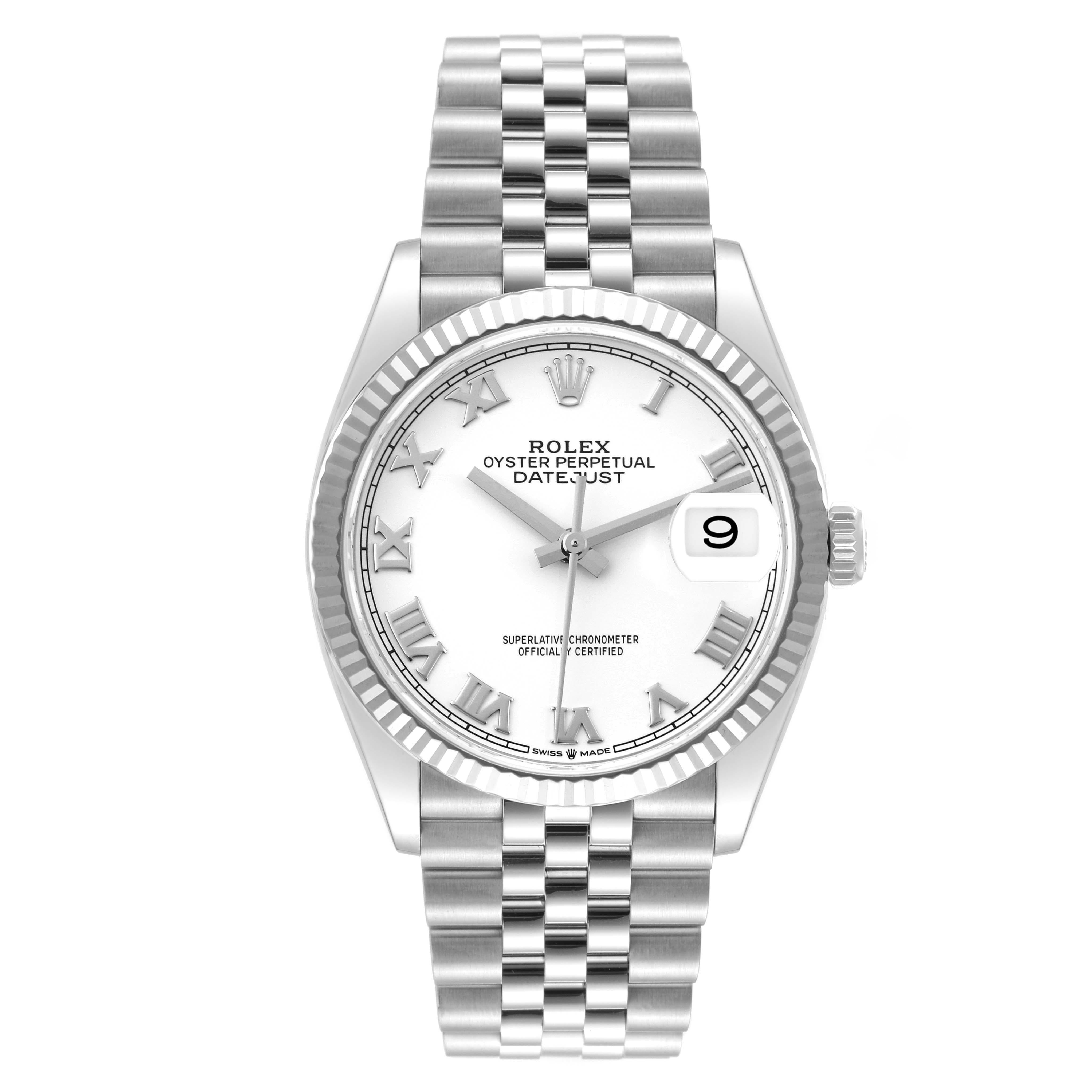Rolex Datejust Steel White Gold White Dial Mens Watch 126234 Box Card. Officially certified chronometer autoamtic self-winding movement. Stainless steel case 36.0 mm in diameter.  Rolex logo on a crown. 18K white gold fluted bezel. Scratch resistant