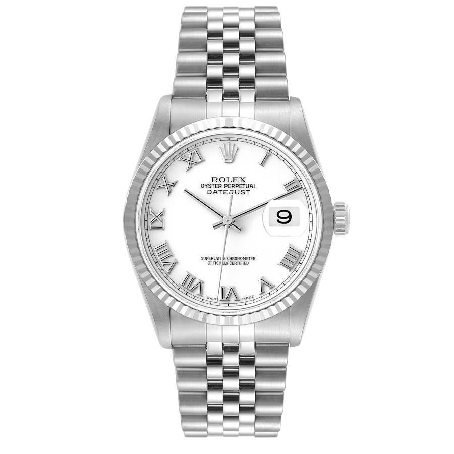 Rolex Datejust Steel White Gold White Dial Mens Watch 16234. Officially certified chronometer automatic self-winding movement. Stainless steel oyster case 36 mm in diameter. Rolex logo on the crown. 18k white gold fluted bezel. Scratch resistant