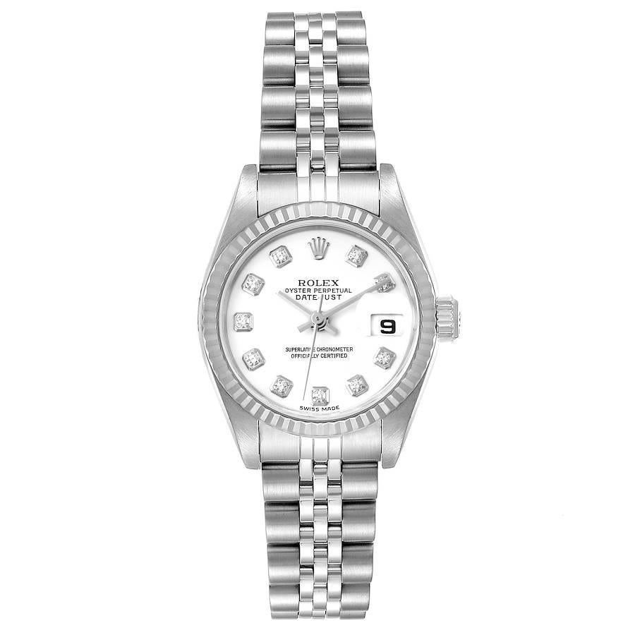 Rolex Datejust Steel White Gold White Diamond Dial Ladies Watch 79174. Officially certified chronometer self-winding movement. Stainless steel oyster case 26.0 mm in diameter. Rolex logo on a crown. 18K white gold fluted bezel. Scratch resistant