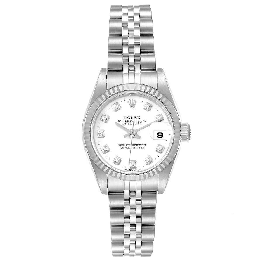 Rolex Datejust Steel White Gold White Diamond Dial Ladies Watch 79174. Officially certified chronometer self-winding movement. Stainless steel oyster case 26.0 mm in diameter. Rolex logo on a crown. 18K white gold fluted bezel. Scratch resistant