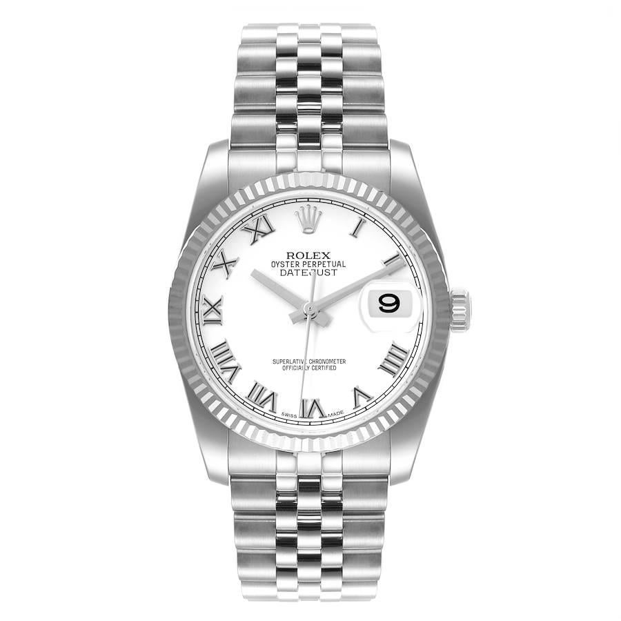 Rolex Datejust Steel White Gold White Roman Dial Mens Watch 116234 Box Card. Officially certified chronometer self-winding movement. Stainless steel case 36.0 mm in diameter.  Rolex logo on a crown. 18K white gold fluted bezel. Scratch resistant