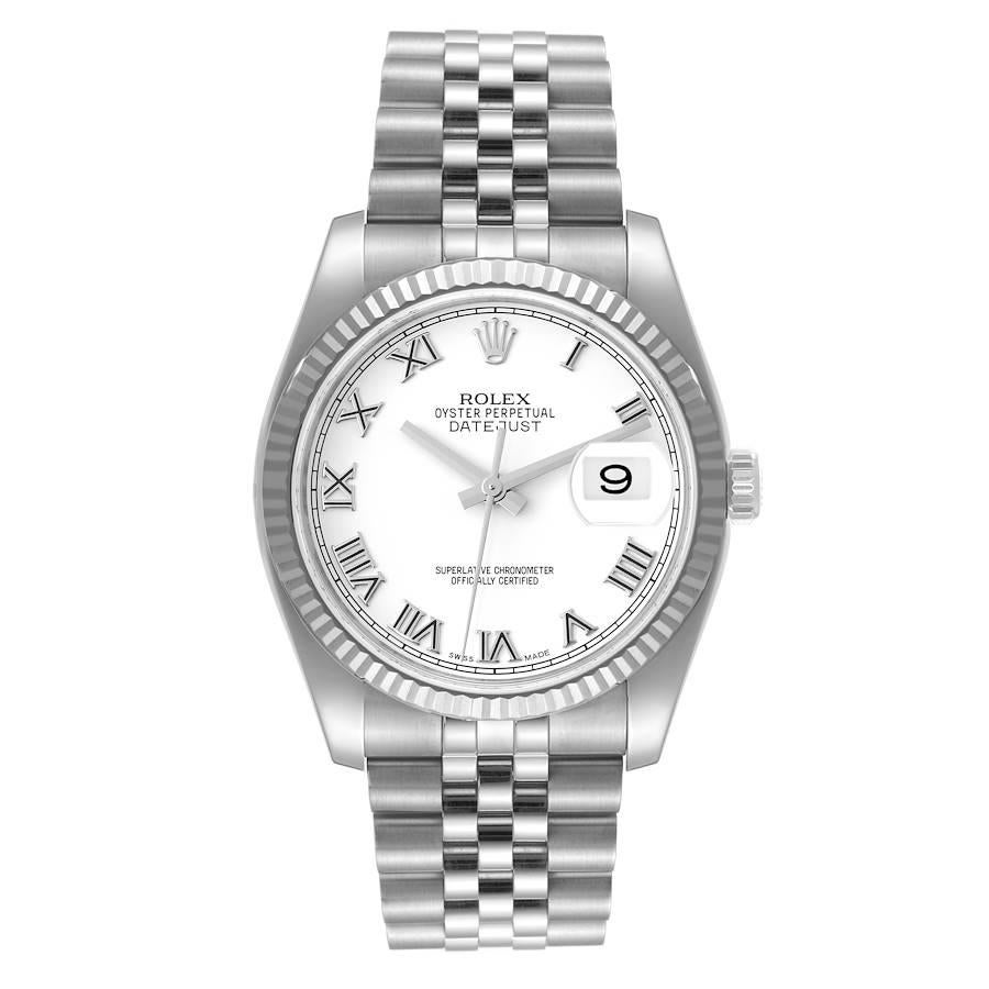 Rolex Datejust Steel White Gold White Roman Dial Mens Watch 116234 Box Card. Officially certified chronometer self-winding movement. Stainless steel case 36.0 mm in diameter.  Rolex logo on a crown. 18K white gold fluted bezel. Scratch resistant