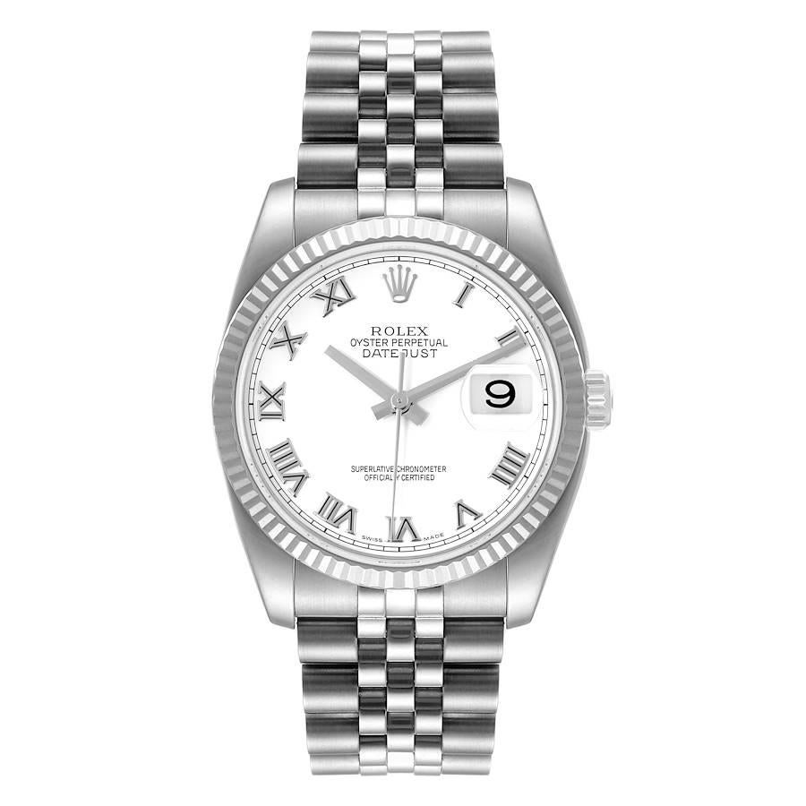 Rolex Datejust Steel White Gold White Roman Dial Mens Watch 116234 Box Papers. Officially certified chronometer self-winding movement. Stainless steel case 36.0 mm in diameter.  Rolex logo on a crown. 18K white gold fluted bezel. Scratch resistant