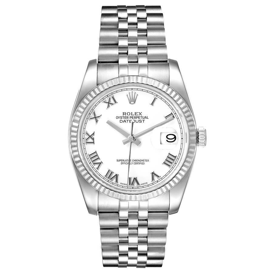 Rolex Datejust Steel White Gold White Roman Dial Mens Watch 116234. Officially certified chronometer self-winding movement. Stainless steel case 36.0 mm in diameter. Rolex logo on a crown. 18K white gold fluted bezel. Scratch resistant sapphire