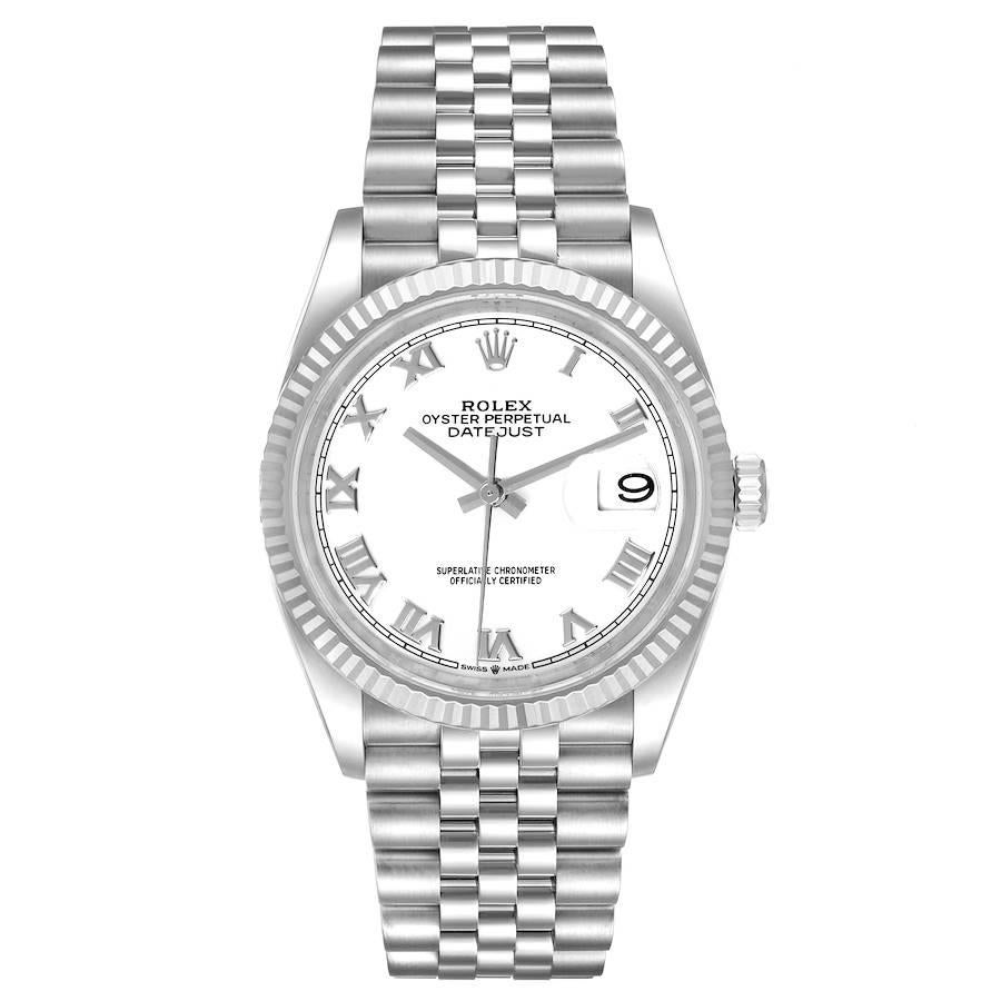Rolex Datejust Steel White Gold White Roman Dial Mens Watch 126234 Unworn. Officially certified chronometer self-winding movement. Stainless steel case 36.0 mm in diameter. Rolex logo on a crown. 18K white gold fluted bezel. Scratch resistant