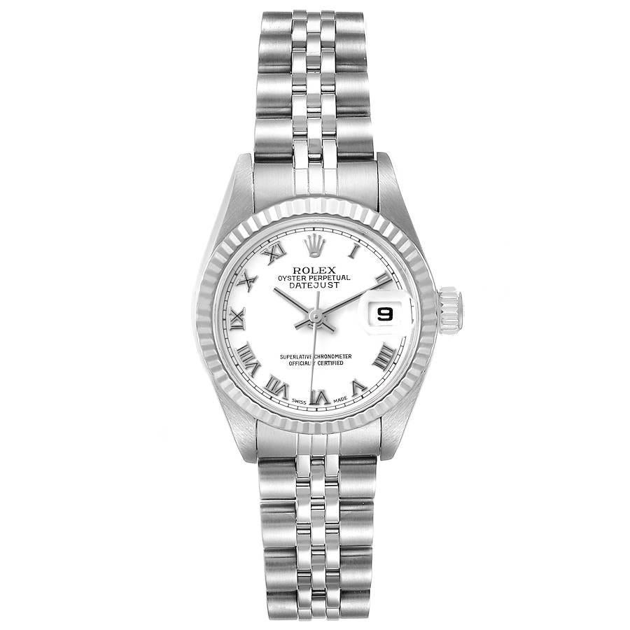 Rolex Datejust Steel White Gold White White Dial Ladies Watch 79174. Officially certified chronometer self-winding movement. Stainless steel oyster case 26.0 mm in diameter. Rolex logo on a crown. 18K white gold fluted bezel. Scratch resistant