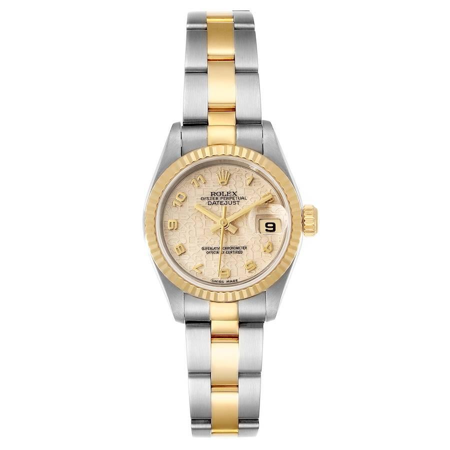 Rolex Datejust Steel Yellow Gold Anniversary Dial Ladies Watch 79173 Box. Officially certified chronometer self-winding movement. Stainless steel oyster case 26 mm in diameter. Rolex logo on a 18k yellow gold crown. 18k yellow gold fluted bezel.