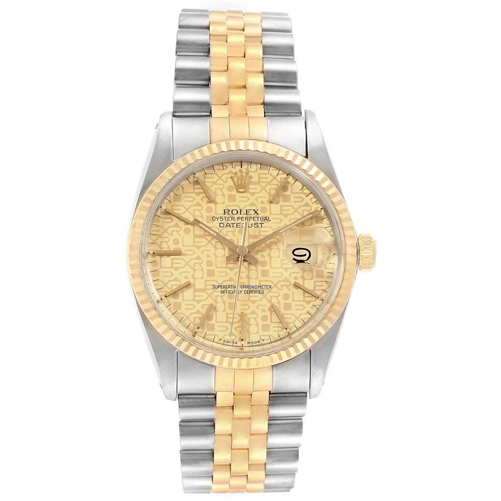 Rolex Datejust Steel Yellow Gold Anniversary Dial Vintage Mens Watch 16013. Officially certified chronometer self-winding movement. Stainless steel oyster case 36.0 mm in diameter. Rolex logo on a crown. 18k yellow gold fluted bezel. Acrylic crystal
