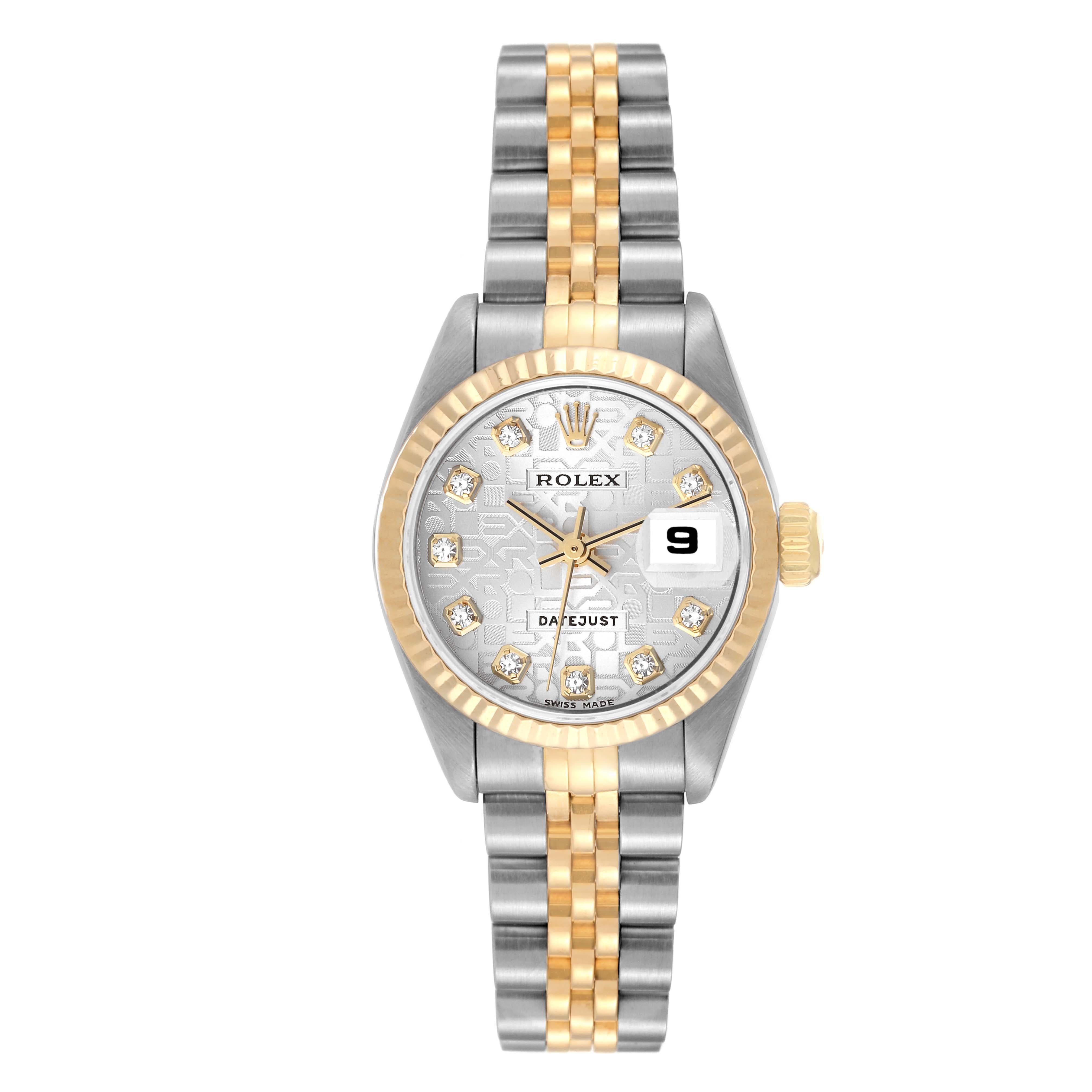 Rolex Datejust Steel Yellow Gold Anniversary Diamond Dial Ladies Watch 79173. Officially certified chronometer automatic self-winding movement. Stainless steel oyster case 26.0 mm in diameter. Rolex logo on an 18K yellow gold crown. 18k yellow gold