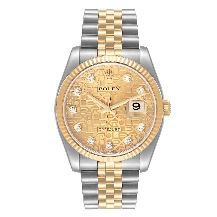 Rolex Datejust Steel Yellow Gold Anniversary Diamond Dial Mens Watch 116233. Officially certified chronometer automatic self-winding movement. Stainless steel case 36.0 mm in diameter. Rolex logo on the crown. 18k yellow gold fluted bezel. Scratch