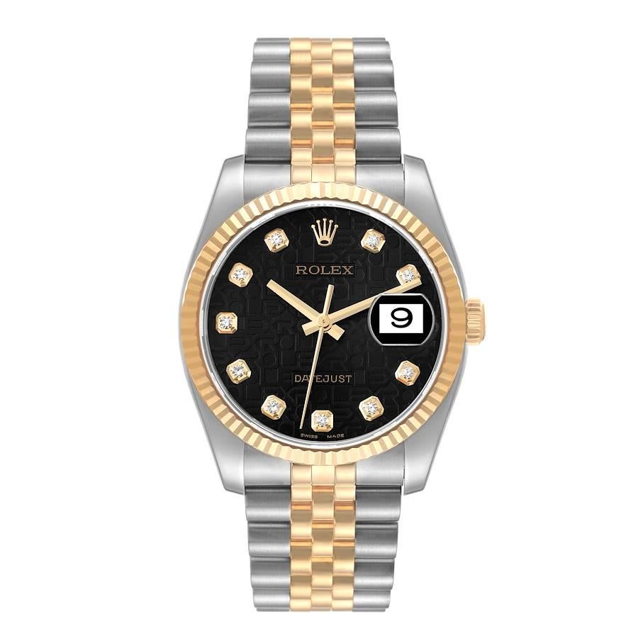 Rolex Datejust Steel Yellow Gold Anniversary Diamond Dial Mens Watch 116233. Officially certified chronometer automatic self-winding movement. Stainless steel case 36.0 mm in diameter. Rolex logo on the crown. 18k yellow gold fluted bezel. Scratch