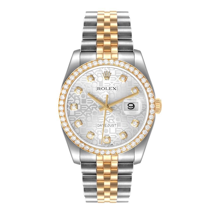 Rolex Datejust Steel Yellow Gold Anniversary Diamond Dial Mens Watch 116243. Officially certified chronometer self-winding movement. Stainless steel case 36.0 mm in diameter.  Rolex logo on a crown. Original Rolex factory 18k yellow gold diamond