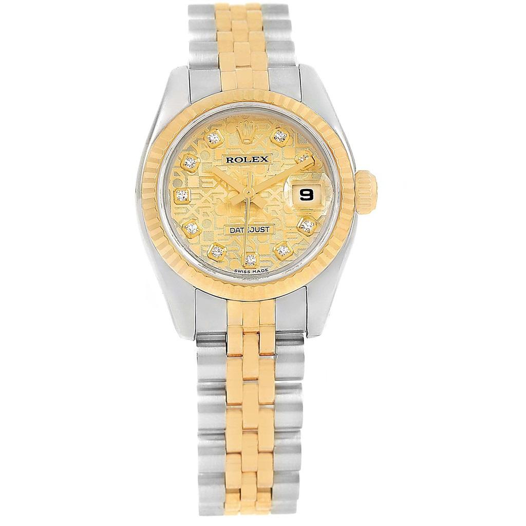 Rolex Datejust Steel Yellow Gold Anniversary Diamond Dial Watch 179173. Officially certified chronometer automatic self-winding movement. Stainless steel oyster case 26.0 mm in diameter. Rolex logo on a 18K yellow gold crown. 18k yellow gold diamond