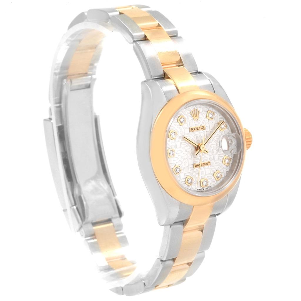 Rolex Datejust Steel Yellow Gold Anniversary Diamond Ladies Watch 179163. Officially certified chronometer automatic self-winding movement. Stainless steel oyster case 26 mm in diameter. Rolex logo on a 18K yellow gold crown. 18k yellow gold smooth