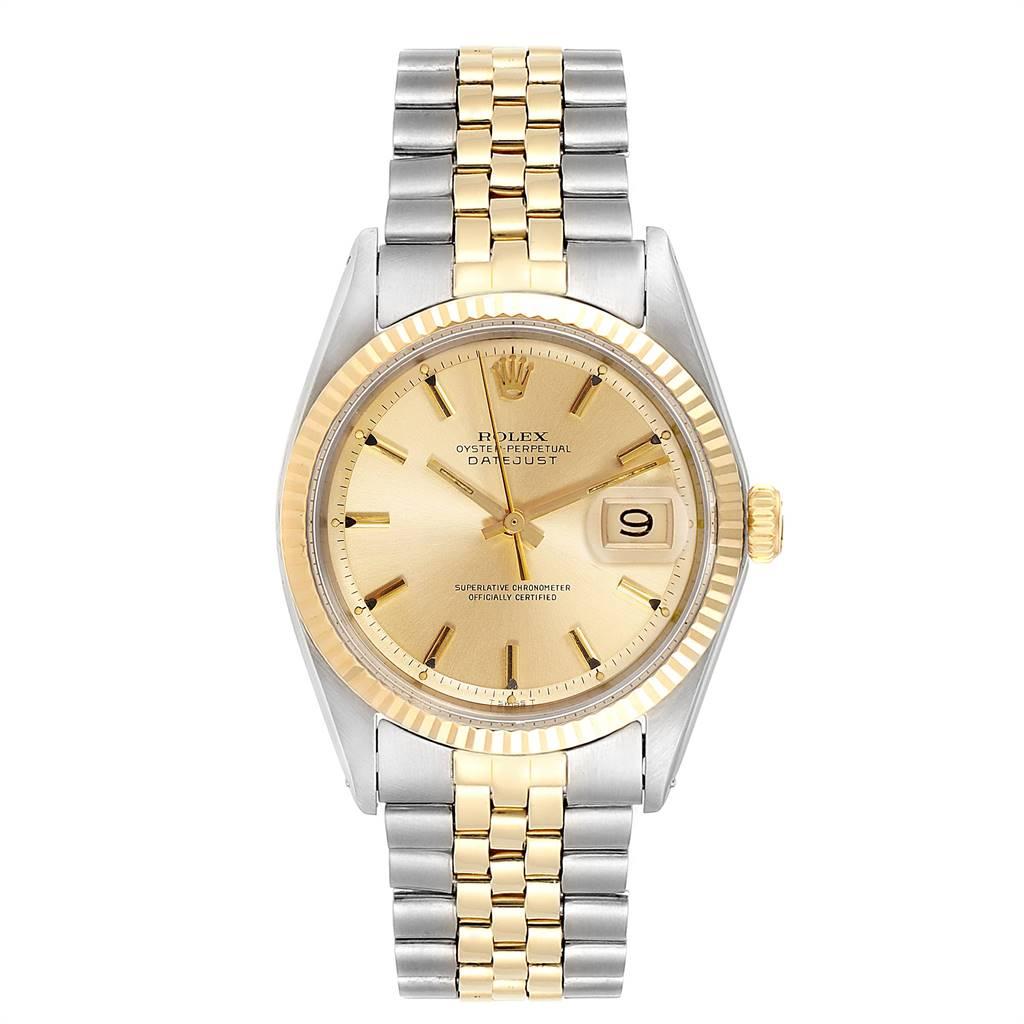 Rolex Datejust Steel Yellow Gold Automatic Vintage Mens Watch 1601. Officially certified chronometer automatic self-winding movement. Stainless steel and 14k yellow gold case 34 mm in diameter. Rolex logo on a crown. 14k yellow gold fluted bezel.