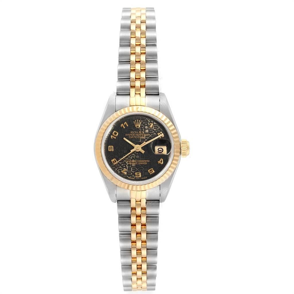 Rolex Datejust Steel Yellow Gold Black Anniversary Dial Ladies Watch 69173. Officially certified chronometer automatic self-winding movement. Stainless steel oyster case 26 mm in diameter. Rolex logo on a crown. 18k yellow gold fluted bezel. Scratch