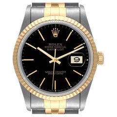 Rolex Datejust Steel Yellow Gold Black Baton Dial Mens Watch 16233 Box Papers