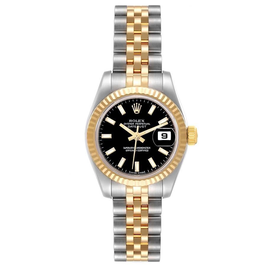 Rolex Datejust Steel Yellow Gold Black Dial Ladies Watch 179173. Officially certified chronometer self-winding movement. Stainless steel oyster case 26.0 mm in diameter. Rolex logo on a 18K yellow gold crown. 18k yellow gold fluted bezel. Scratch