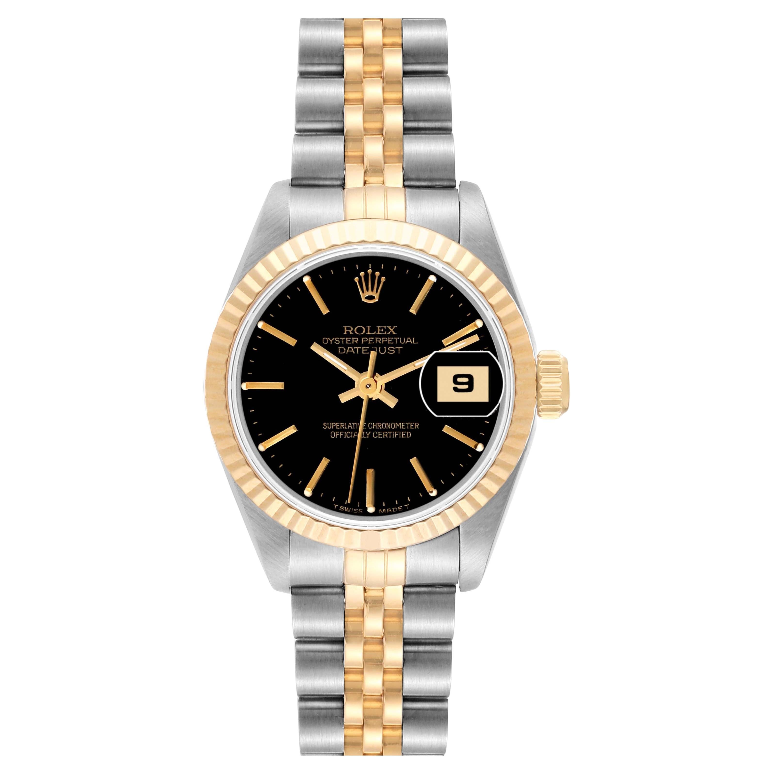 Rolex Montre Datejust en acier et or jaune avec cadran noir, pour femmes 69173