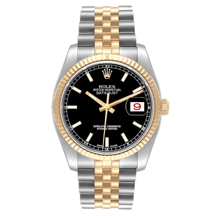 Rolex Datejust Steel Yellow Gold Black Dial Mens Watch 116233. Officially certified chronometer self-winding movement. Stainless steel case 36 mm in diameter. Rolex logo on a crown. 18k yellow gold fluted bezel. Scratch resistant sapphire crystal