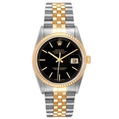 Rolex Datejust Steel Yellow Gold Black Dial Men's Watch 16233 Box Papers