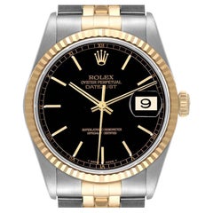 Rolex Datejust Steel Yellow Gold Black Dial Mens Watch 16233 Box Papers