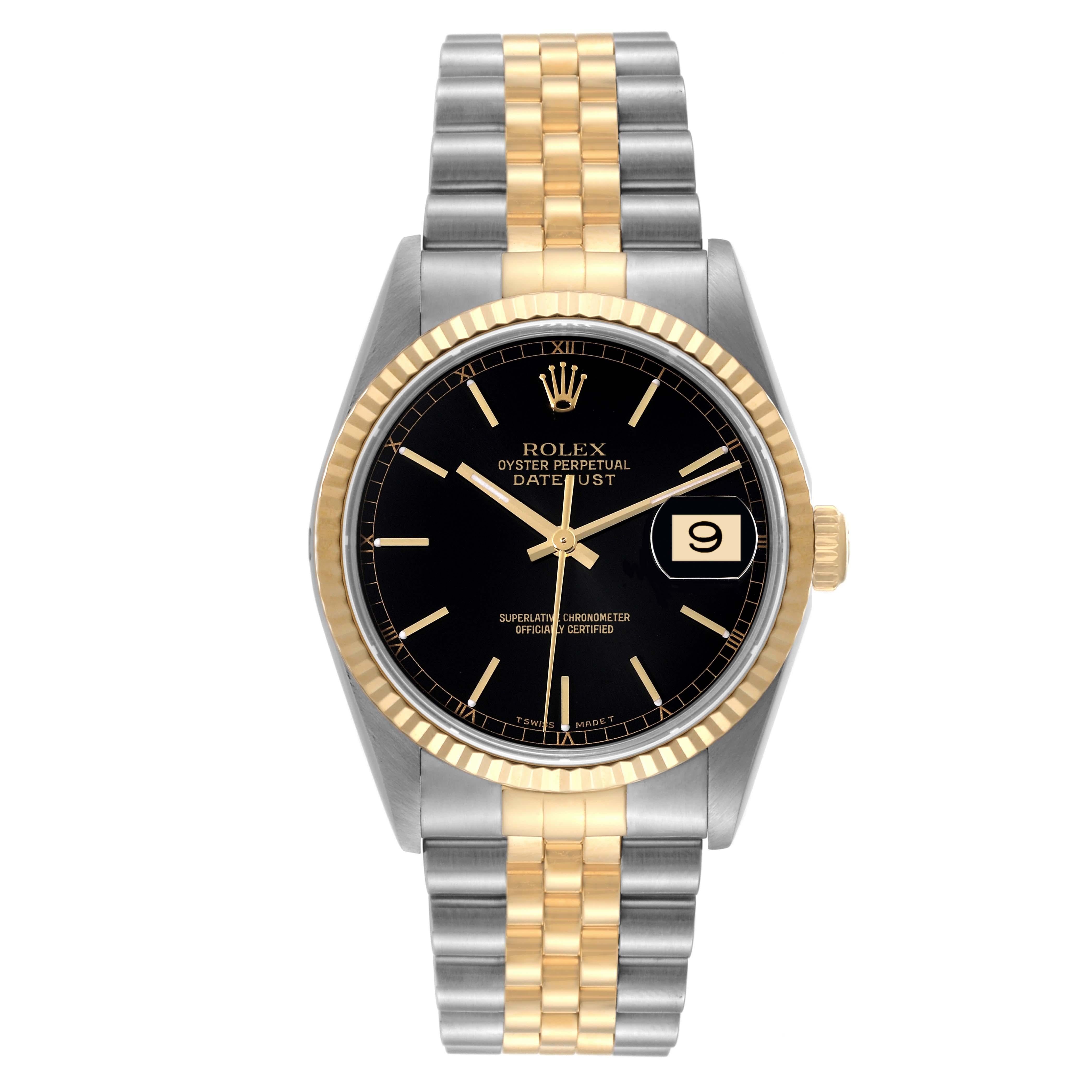 Rolex Datejust Steel Yellow Gold Black Dial Mens Watch 16233. Officially certified chronometer automatic self-winding movement. Stainless steel case 36 mm in diameter.  Rolex logo on an 18K yellow gold crown. 18k yellow gold fluted bezel. Scratch