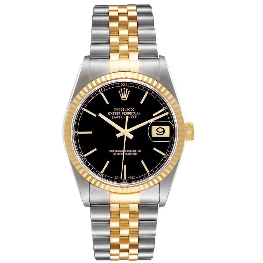 Rolex Datejust Steel Yellow Gold Black Dial Steel Mens Watch 16233. Officially certified chronometer automatic self-winding movement. Stainless steel case 36 mm in diameter.  Rolex logo on an 18K yellow gold crown. 18k yellow gold fluted bezel.
