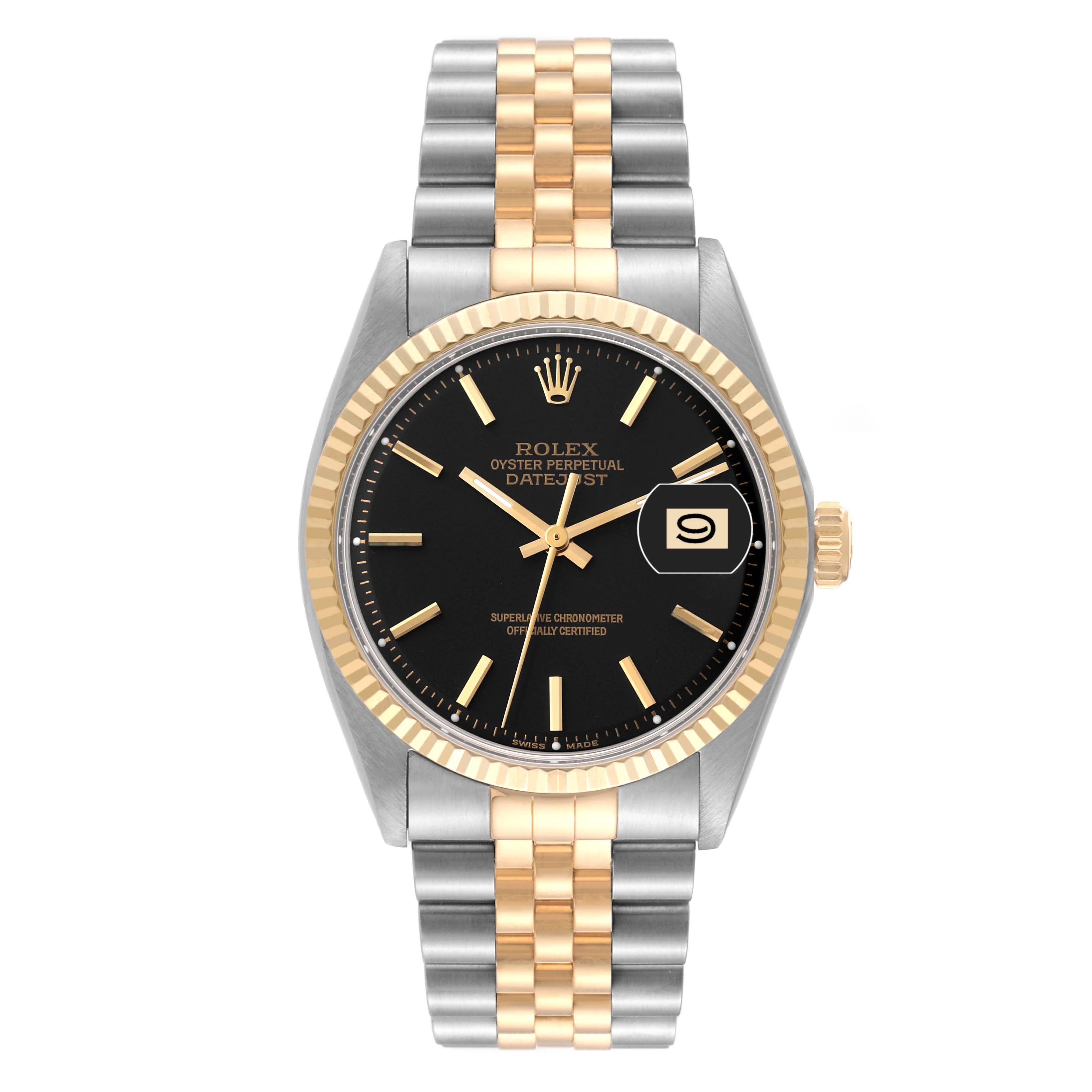 Rolex Datejust Steel Yellow Gold Black Dial Vintage Mens Watch 1601 In Excellent Condition In Atlanta, GA