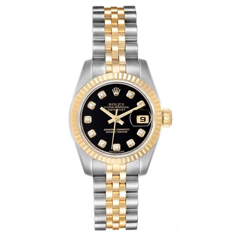 Rolex Datejust Steel Yellow Gold Black Diamond Dial Ladies Watch 179173. Officially certified chronometer self-winding movement. Stainless steel oyster case 26 mm in diameter. Rolex logo on a 18K yellow gold crown. 18k yellow gold diamond bezel.