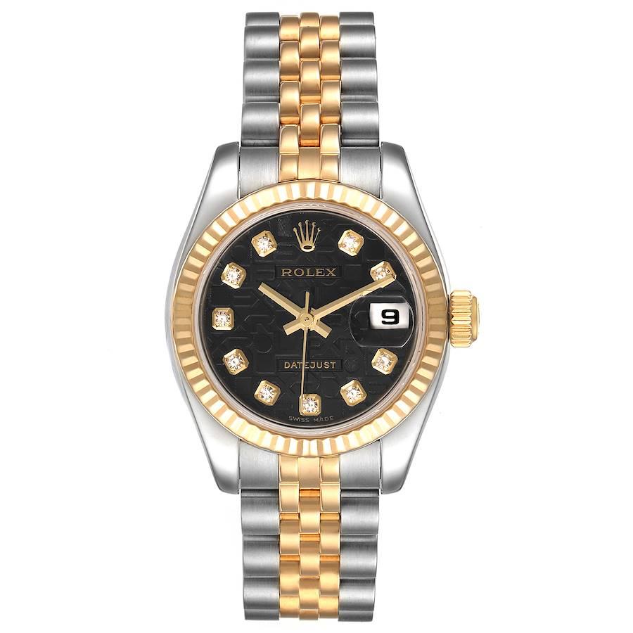 Rolex Datejust Steel Yellow Gold Black Diamond Dial Ladies Watch 179173. Officially certified chronometer self-winding movement. Stainless steel oyster case 26 mm in diameter. Rolex logo on a 18K yellow gold crown. 18k yellow gold diamond bezel.