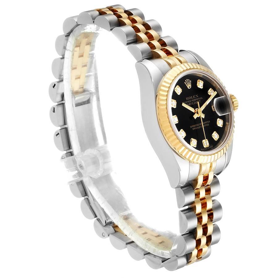 Rolex Datejust Steel Yellow Gold Black Diamond Dial Ladies Watch 179173 In Excellent Condition In Atlanta, GA