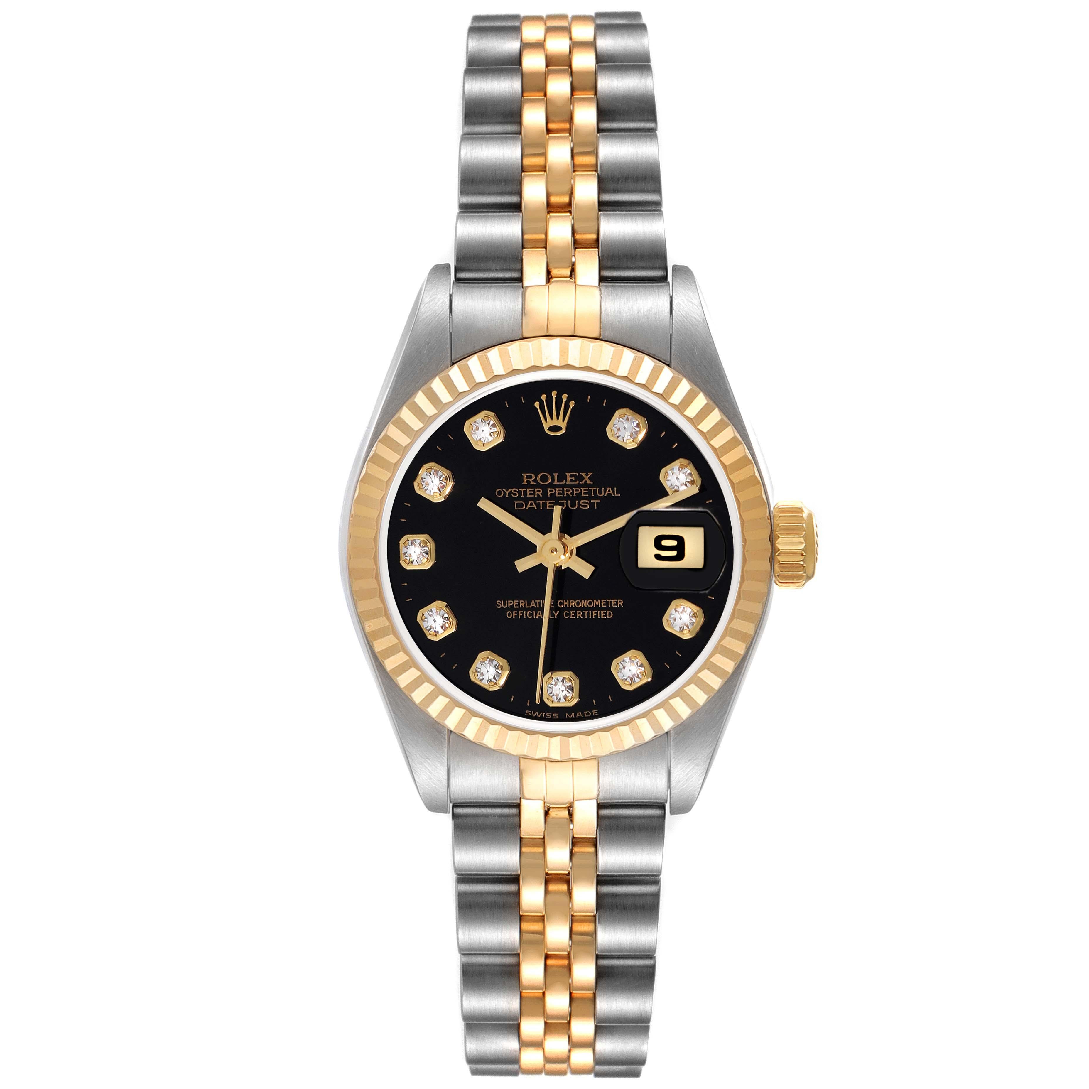 Rolex Datejust Steel Yellow Gold Black Diamond Dial Ladies Watch 79173. Officially certified chronometer automatic self-winding movement. Stainless steel oyster case 26 mm in diameter. Rolex logo on an 18K yellow gold crown. 18k yellow gold fluted