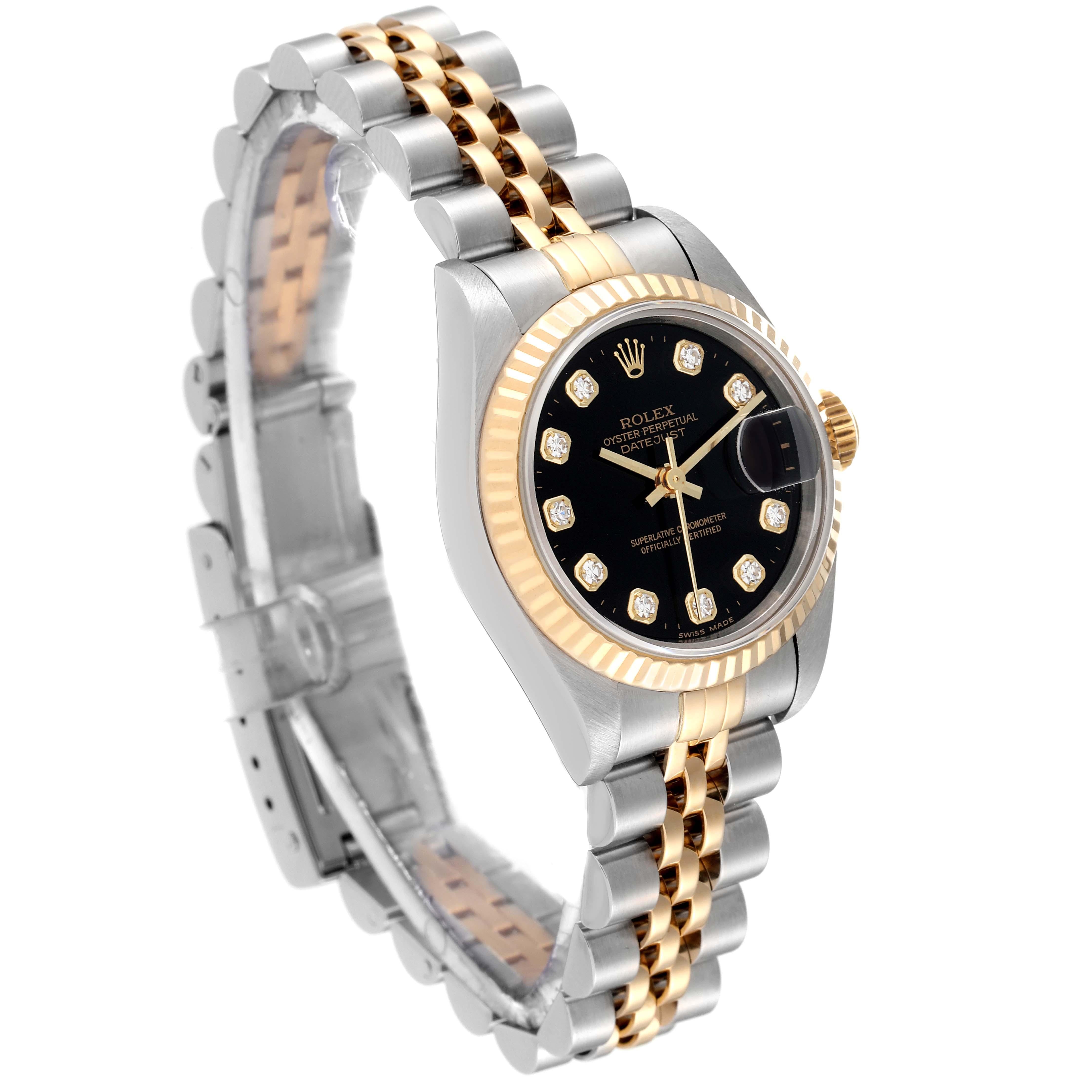 Rolex Datejust Steel Yellow Gold Black Diamond Dial Ladies Watch 79173 In Excellent Condition In Atlanta, GA