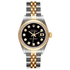 Rolex Datejust Steel Yellow Gold Black Diamond Dial Ladies Watch 79173 Papers