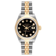 Rolex Datejust Steel Yellow Gold Black Diamond Dial Ladies Watch 79173 Papers