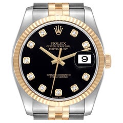 Rolex Datejust Steel Yellow Gold Black Diamond Dial Mens Watch 116233 Box Papers