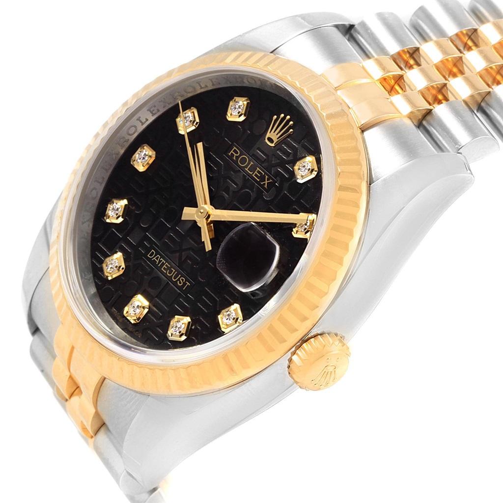 Rolex Datejust Steel Yellow Gold Black Diamond Dial Mens Watch 116233. Officially certified chronometer automatic self-winding movement with quickset date. Stainless steel case 36.0 mm in diameter. High polished lugs. Rolex logo on a crown. 18k