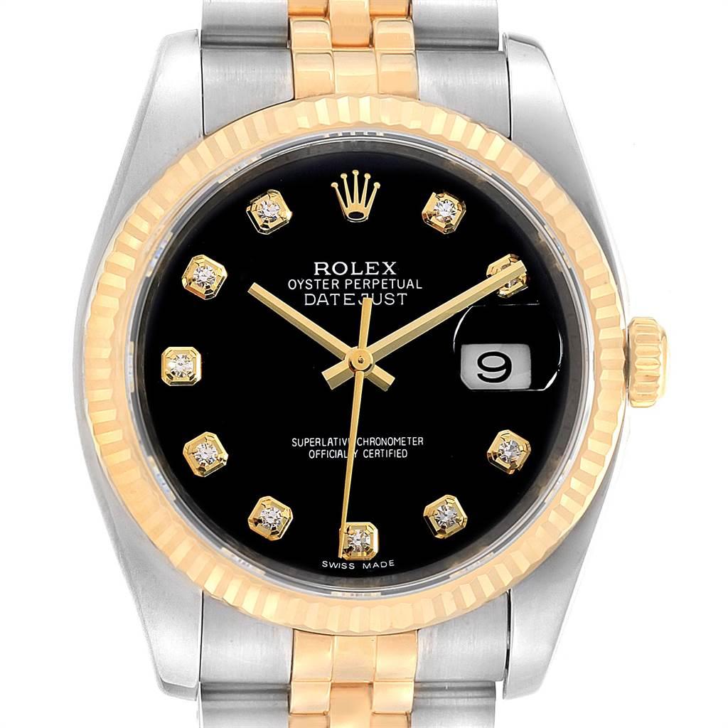Rolex Datejust Steel Yellow Gold Black Diamond Dial Mens Watch 116233. Officially certified chronometer automatic self-winding movement with quickset date. Stainless steel case 36.0 mm in diameter. Rolex logo on a crown. 18k yellow gold fluted