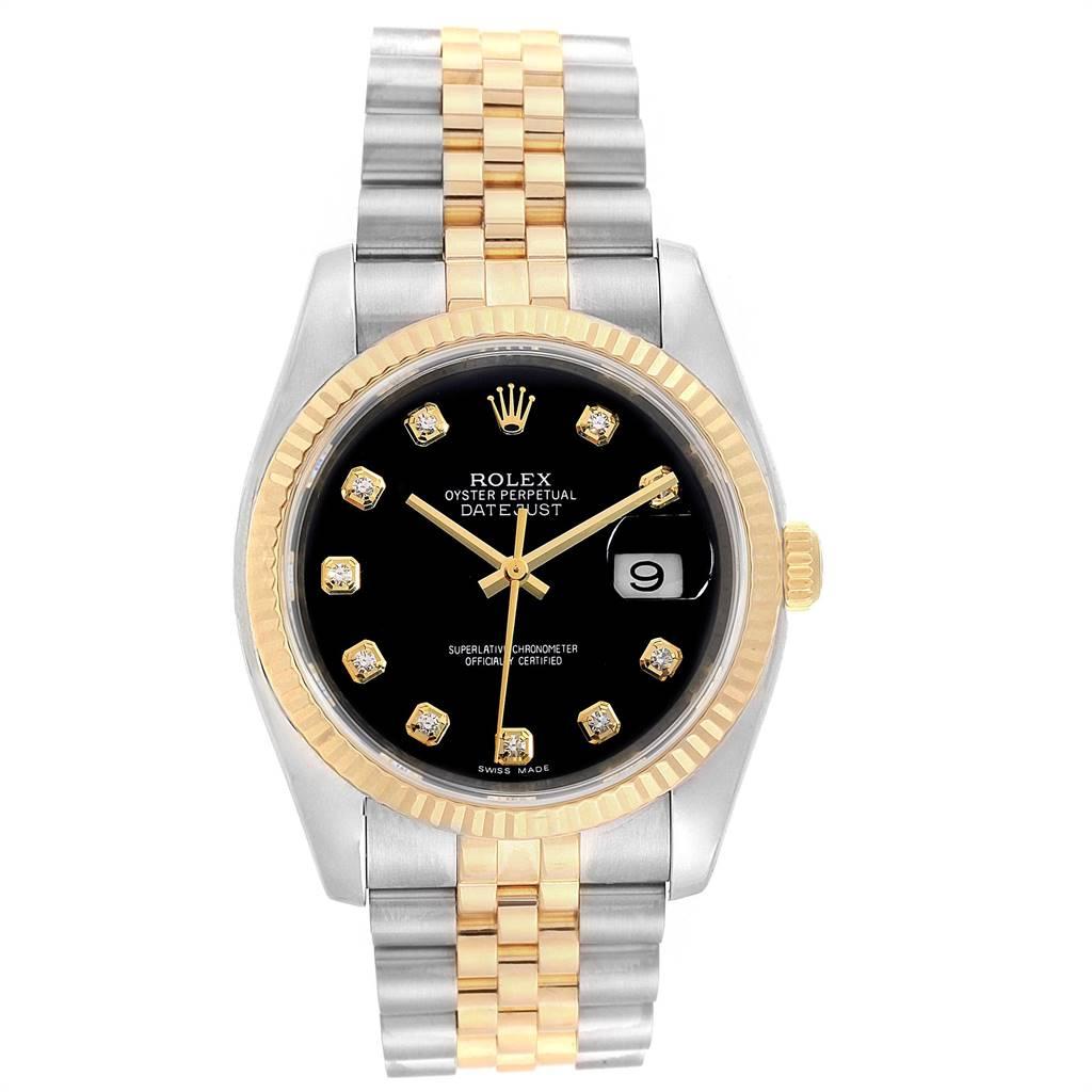 Rolex Datejust Steel Yellow Gold Black Diamond Dial Mens Watch 116233. Officially certified chronometer automatic self-winding movement. Stainless steel case 36.0 mm in diameter. Rolex logo on a crown. 18k yellow gold fluted bezel. Scratch resistant