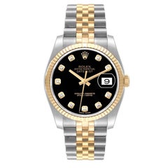 Rolex Datejust Steel Yellow Gold Black Diamond Dial Mens Watch 116233