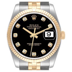 Rolex Datejust Steel Yellow Gold Black Diamond Dial Mens Watch 116233