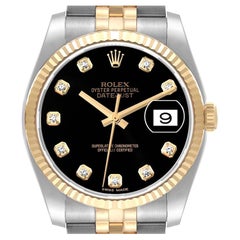 Rolex Datejust Steel Yellow Gold Black Diamond Dial Mens Watch 116233