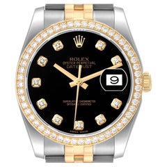 Rolex Datejust Steel Yellow Gold Black Diamond Dial Mens Watch 116243 Box Card