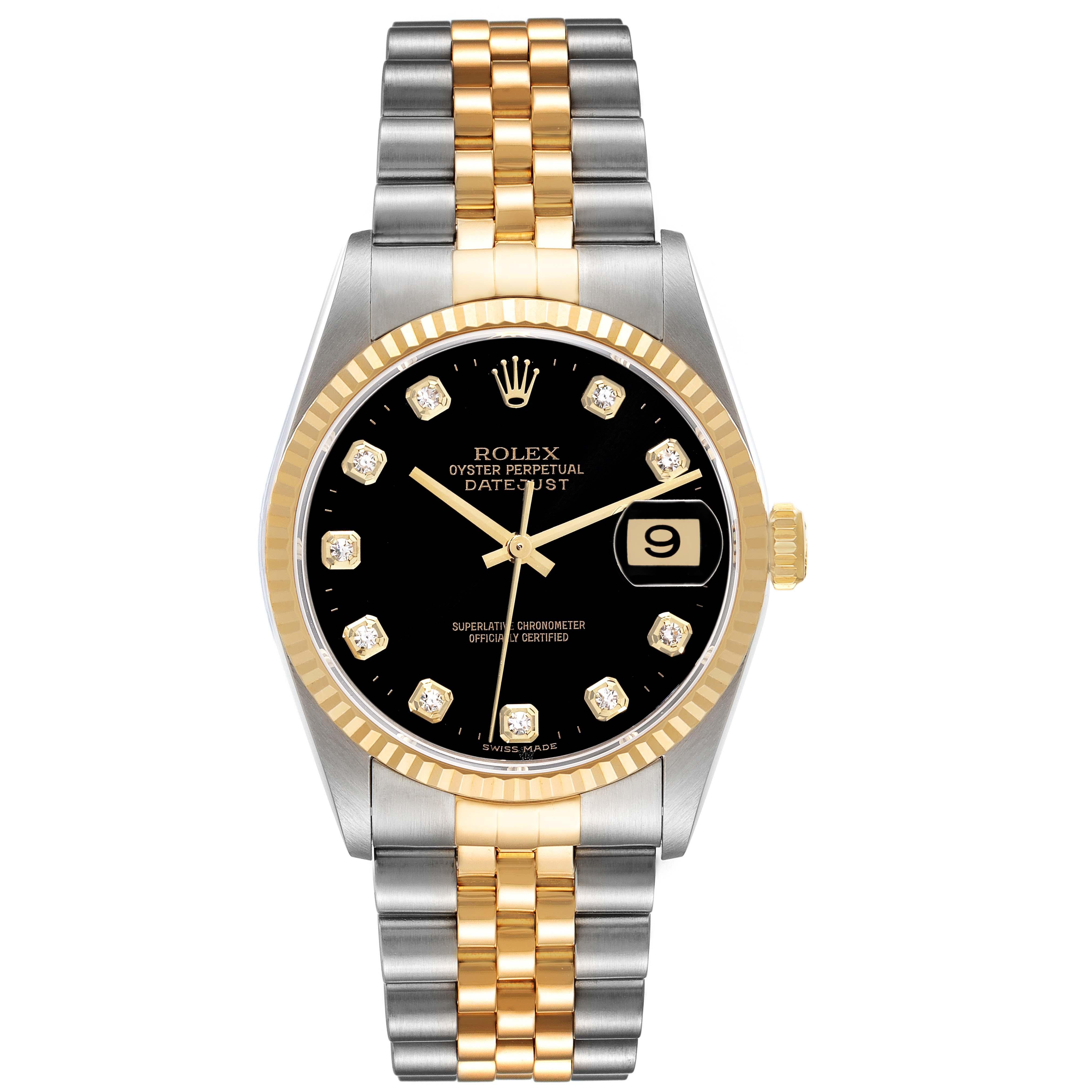 Rolex Datejust Steel Yellow Gold Black Diamond Dial Mens Watch 16233 Box Papers. Officially certified chronometer automatic self-winding movement. Stainless steel case 36 mm in diameter.  Rolex logo on an 18K yellow gold crown. 18k yellow gold