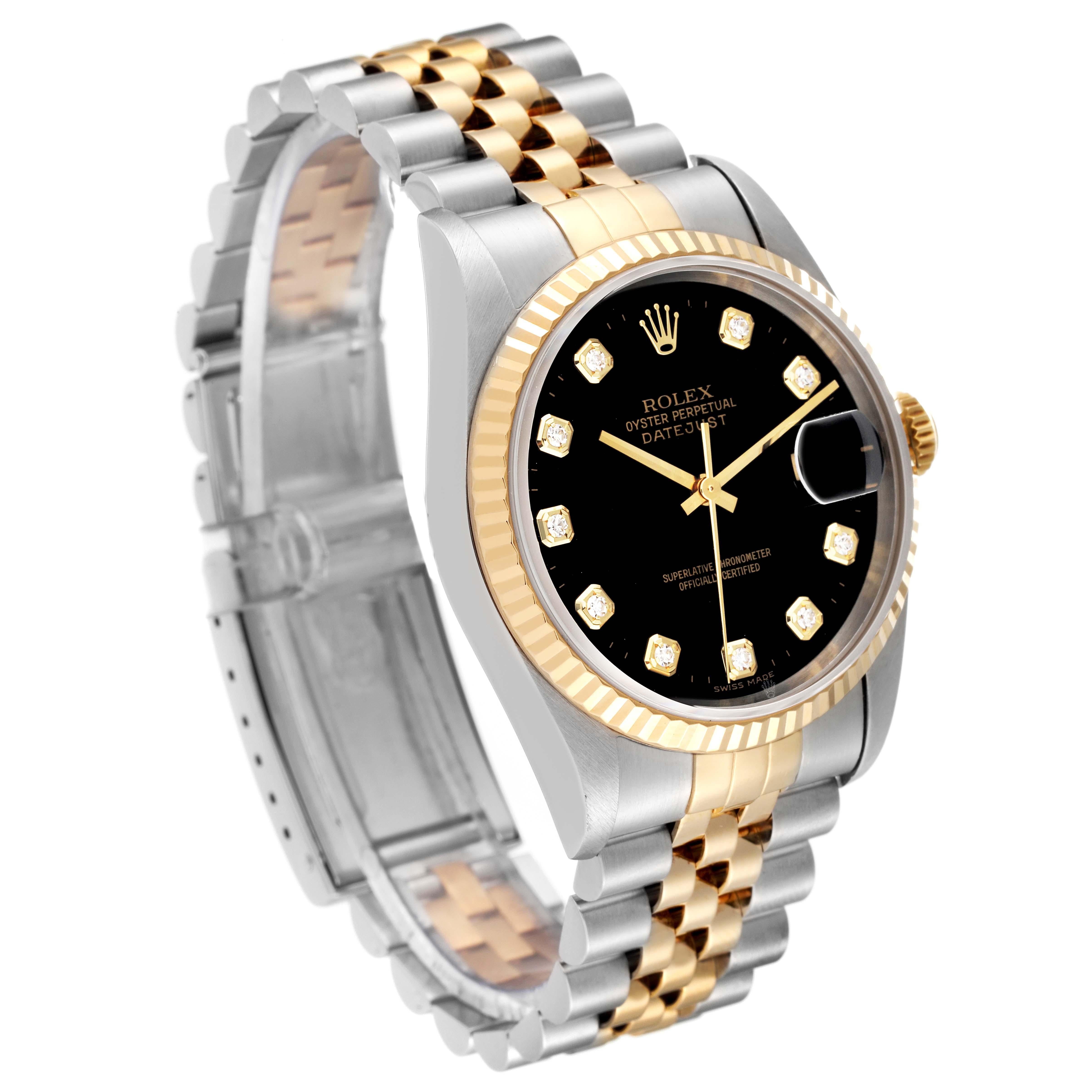 Rolex Datejust Steel Yellow Gold Black Diamond Dial Mens Watch 16233 Box Papers In Excellent Condition In Atlanta, GA