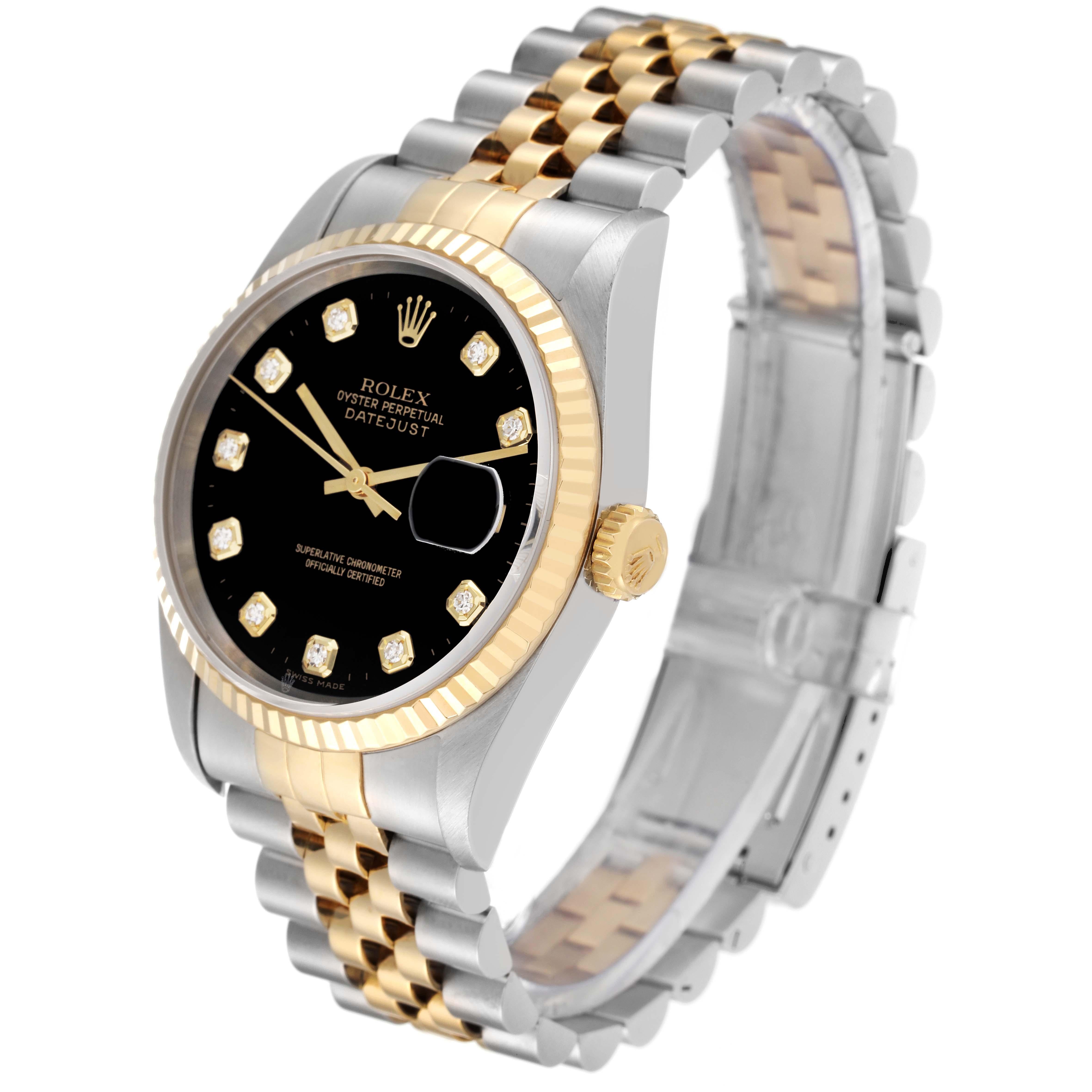 Men's Rolex Datejust Steel Yellow Gold Black Diamond Dial Mens Watch 16233 Box Papers