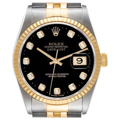 Rolex Datejust Steel Yellow Gold Black Diamond Dial Mens Watch 16233 Box Papers