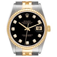 Rolex Datejust Steel Yellow Gold Black Diamond Dial Mens Watch 16233 Box Papers
